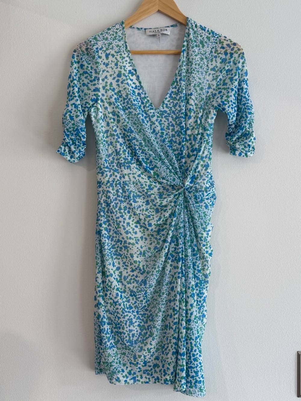 Hale Bob Twist Front Stretch Dress Elbow Sleeves Lined V- Neck Blue Green Print